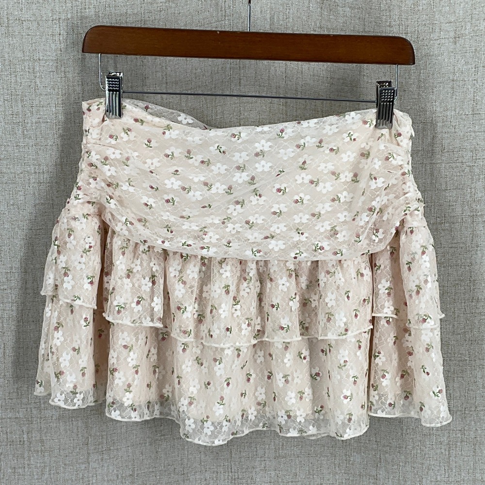 Princess Polly Finlie‎ Lace Rara Skirt Women 6 Cream Floral Tiered Boho Mini NEW